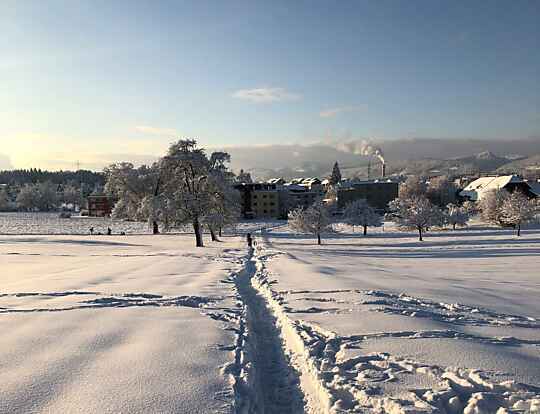 Blick auf Hunzenschwil im Winter
